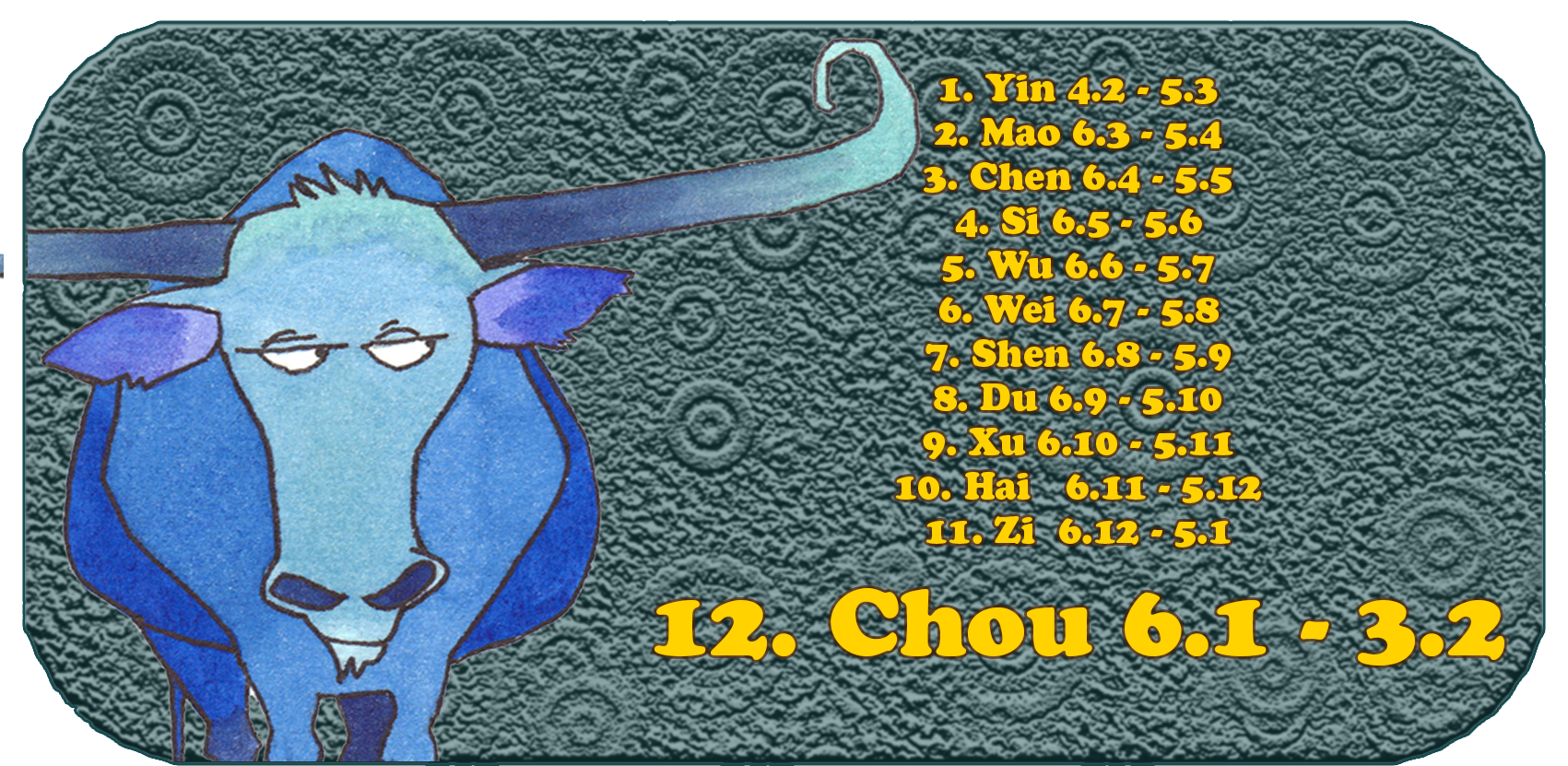 Kiinalainen horoskooppi | Kaksitoista kiinalaista eläintä | Härkä, tammikuu, kuukausi 12, Chou