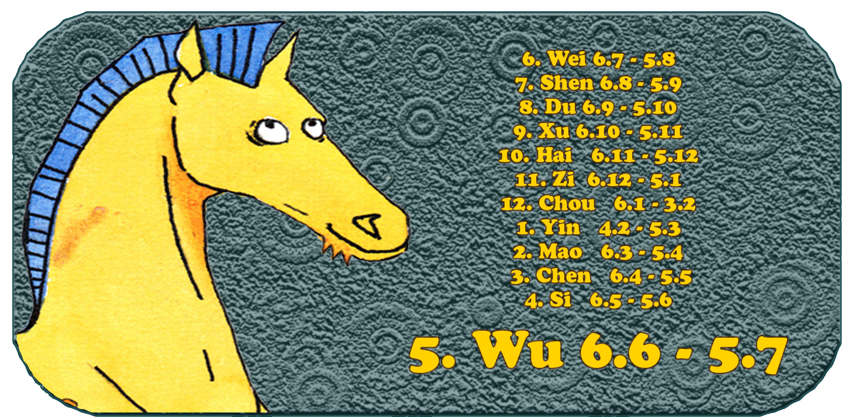 Kiinalainen horoskooppi | Kaksitoista kiinalaista eläintä | Hevonen, kesäkuu, kuukausi 5, Wu