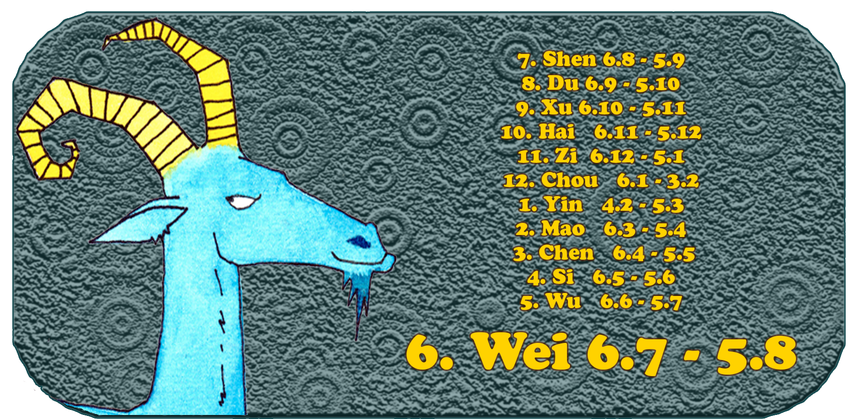Kiinan horoskooppi | Kaksitoista kiinalaista eläintä | Vuohi, tammikuu, kuukausi 6 Wei